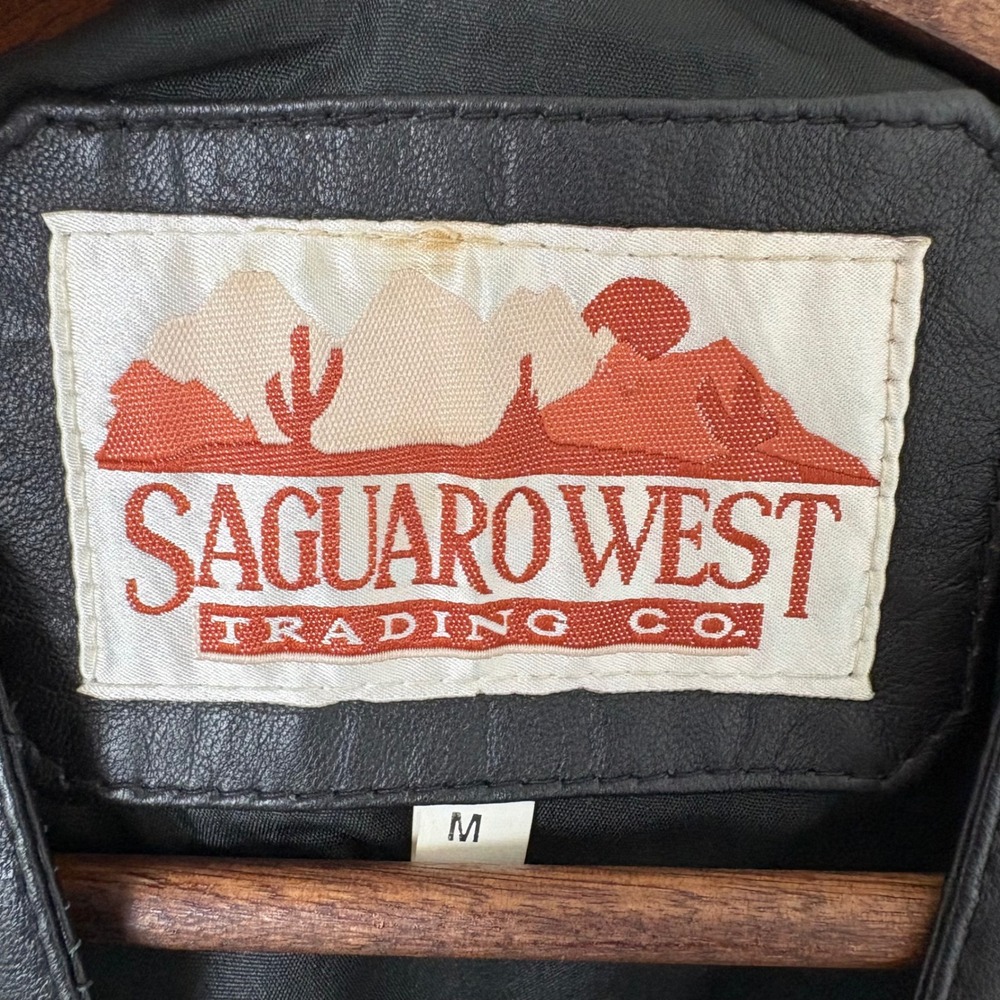 VTG Saguaro West Leather Vest Mens M Black Oklahoma State Seal Snap Cowboy Rodeo - Picture 3 of 9